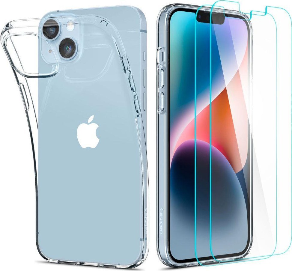 Set mbrojtës Spigen Crystal Pack për Apple iPhone 14 Plus, mbulesë TPU transparente, xham i temperuar, transparent