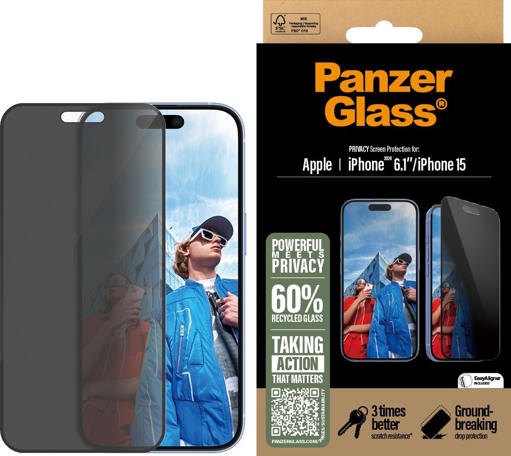 Mbrojtës ekrani PanzerGlass Privacy iPhone 16 15, Ultra Wide Fit, transparent