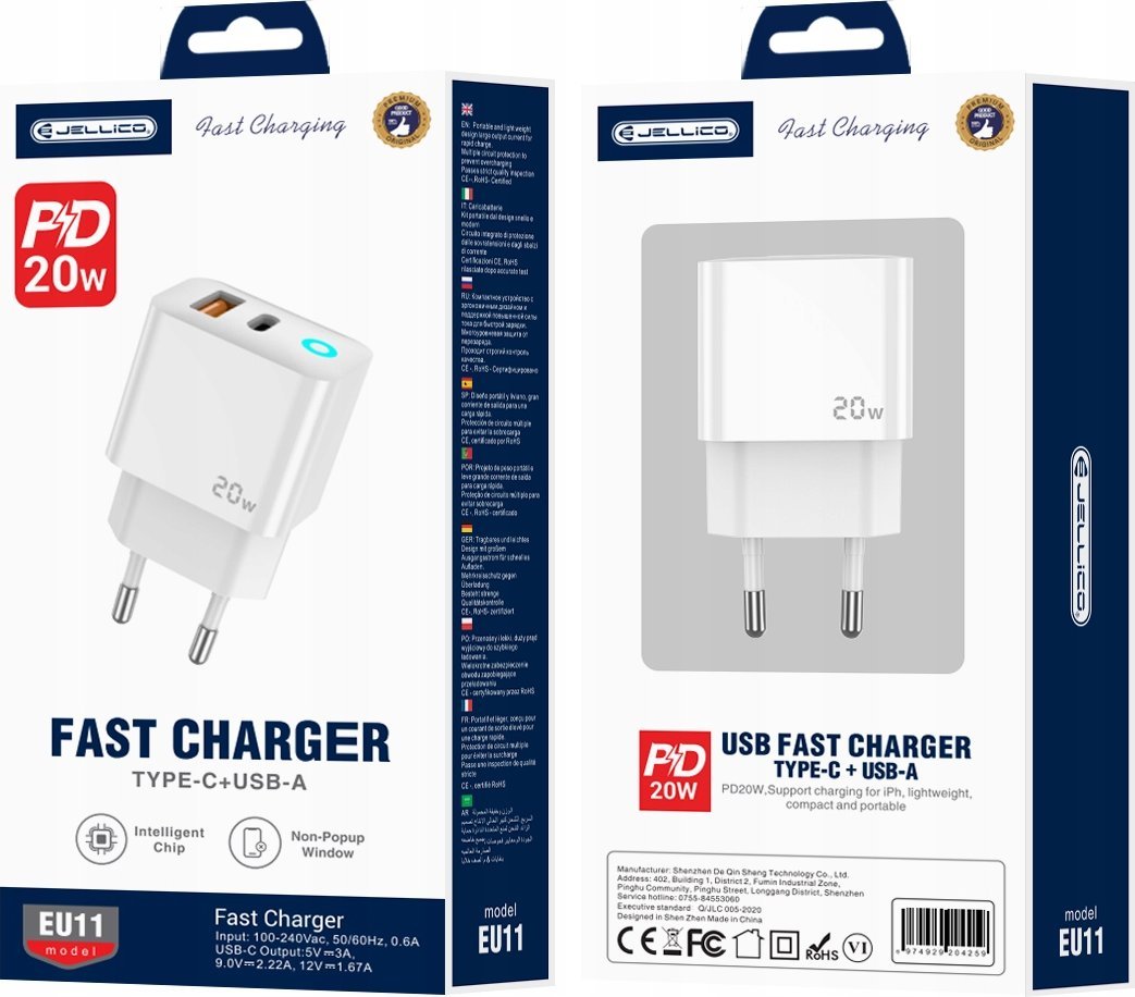 Karikues muri JELLICO EU11, 20W PD QC3.0, 1xUSB C 1xUSB, kabllo USB C Lightning, i bardhë