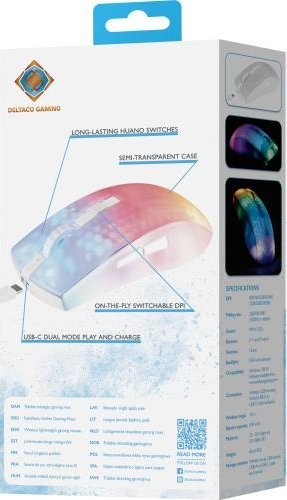 Maus gaming DELTACO GAMING WM89, wireless, 10000DPI, i bardhë transparent