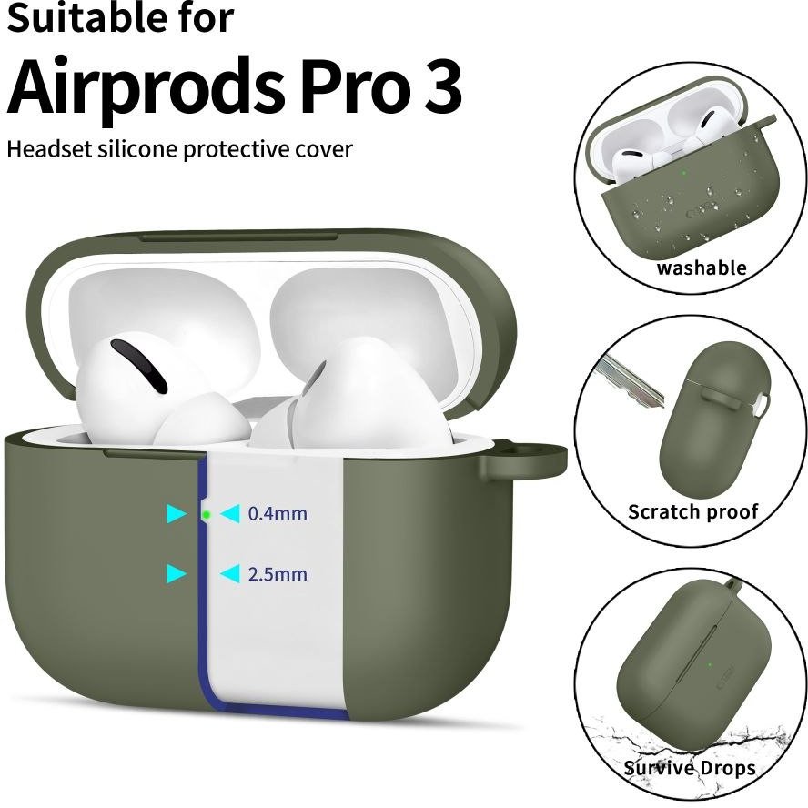 Këllëf silikoni Tech-Protect për Apple AirPods Pro 3, me karabinë, jeshile ulliri