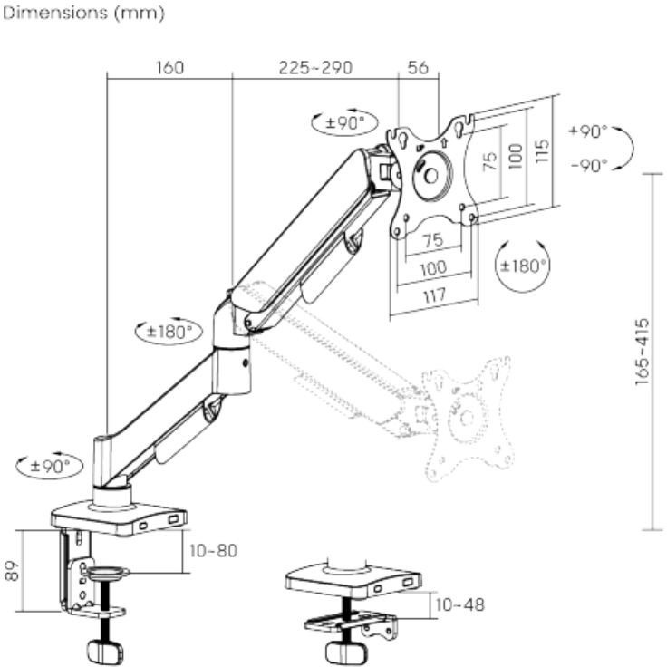 Krah monitori ESTUFF Single Gas Spring, VESA, një monitor, i zi