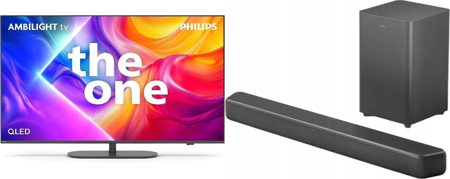 Set televizor dhe soundbar Philips 43PUS9010, 43" QLED 4K, Titan OS Ambilight, soundbar TAB5309 me subwoofer wireless, i zi