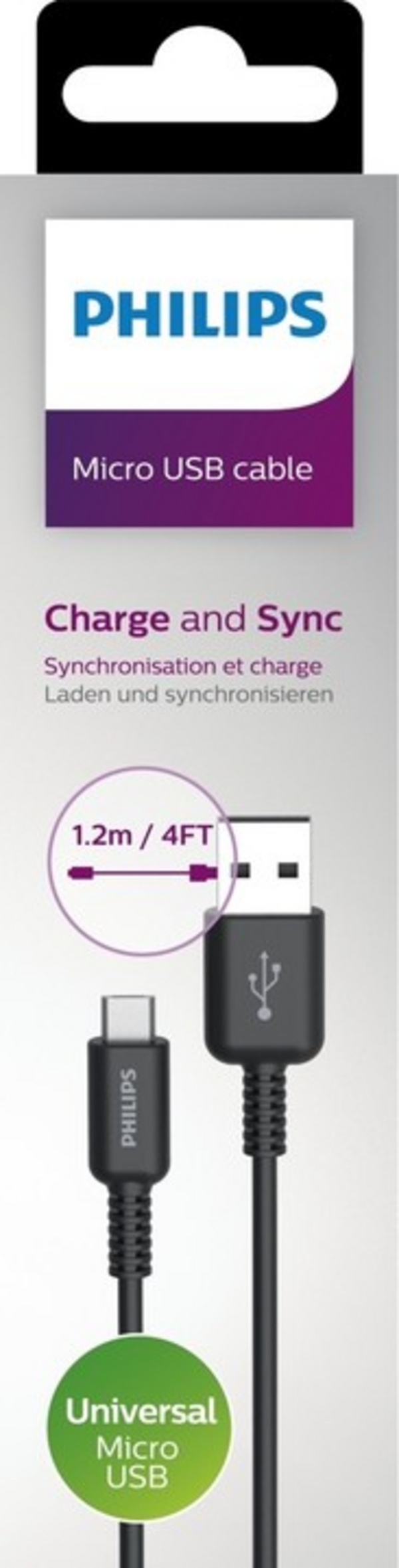 Kabllo Philips, USB - micro USB, 1.2m, e zezë