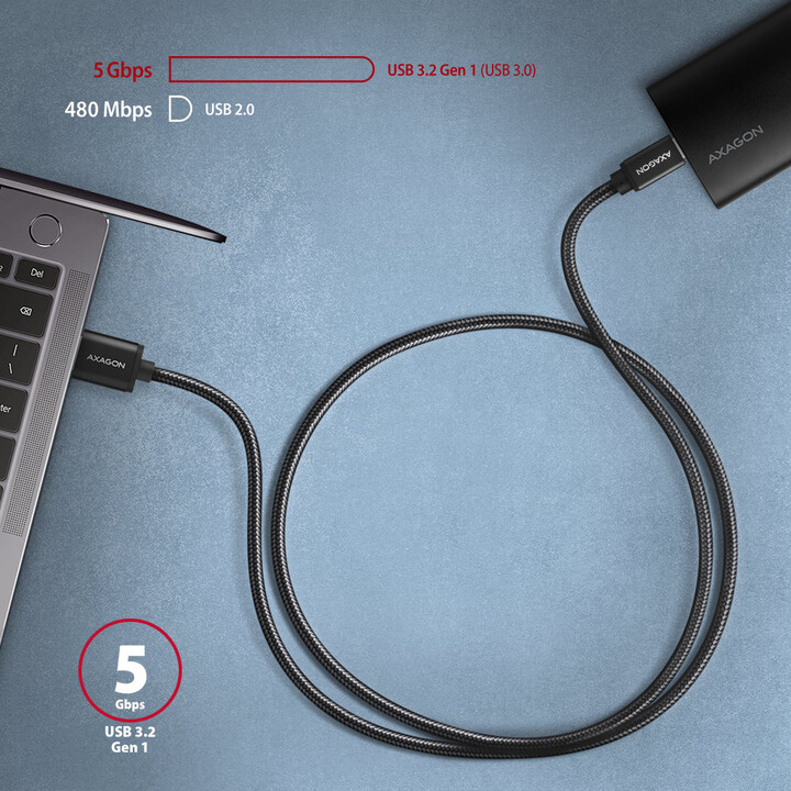AXAGON кабел USB-A - USB-C SPEED USB3.2 Gen 1, 3A, плетенка, 2m, црна