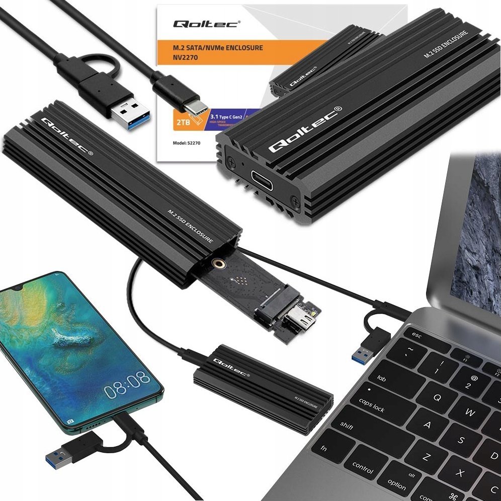 Kuti e jashtme Qoltec NV2270, për SSD M.2 SATA NVMe, USB C, deri 2TB, gri