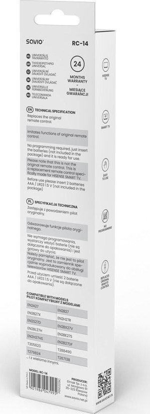 Telekomandë universale Savio RC-14 për TV Hisense, infra të kuqe, butona mekanikë, e zezë