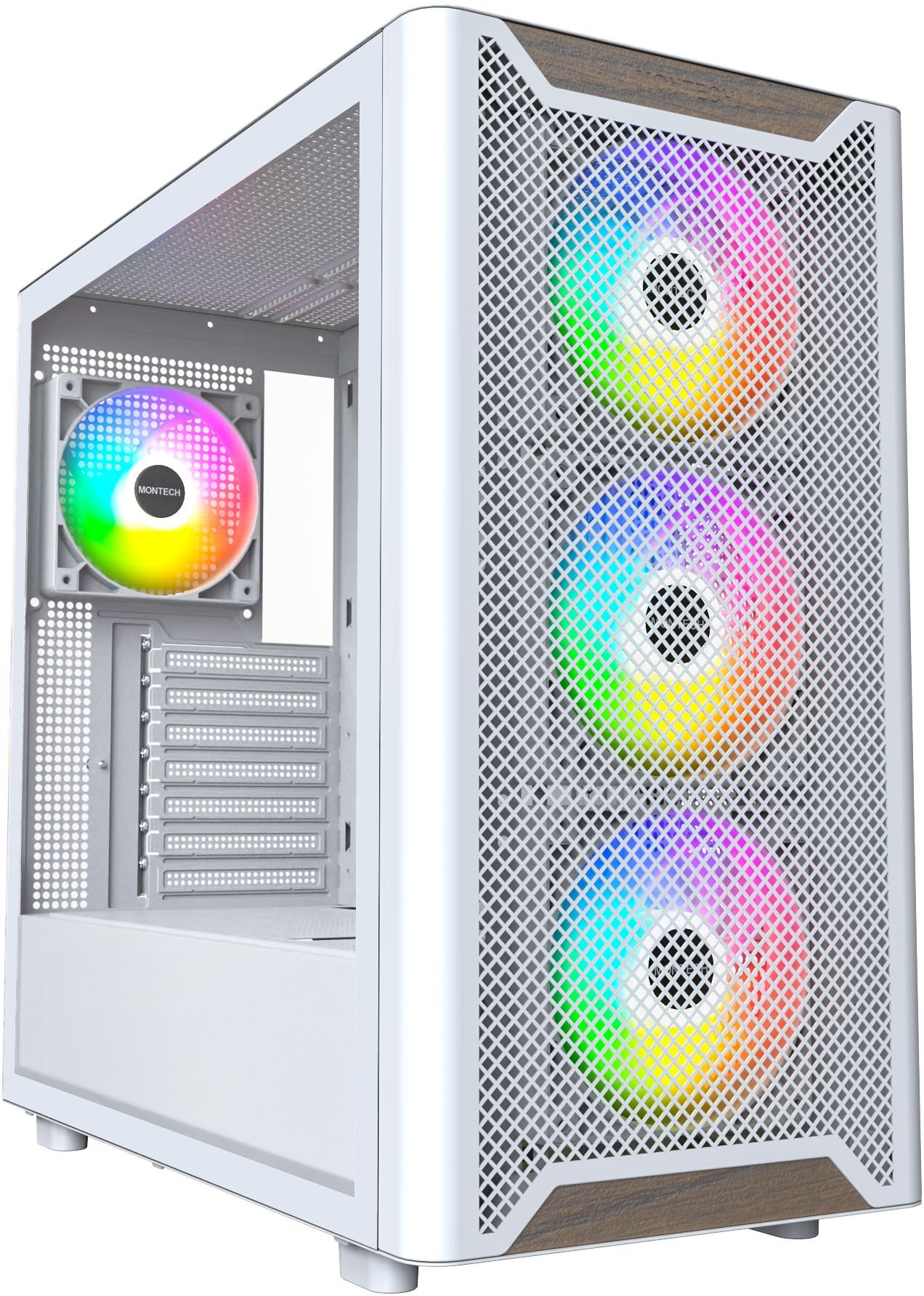 Kutia kompjuterike Montech XR WOOD, Mid Tower, 4x ventilatorë ARGB, e bardhë
