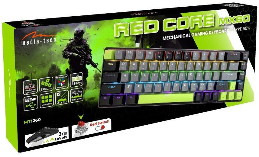 Tastierë mekanike Media-Tech RED CORE MX60 MT1260, 60%, RGB, me kabllo USB-C
