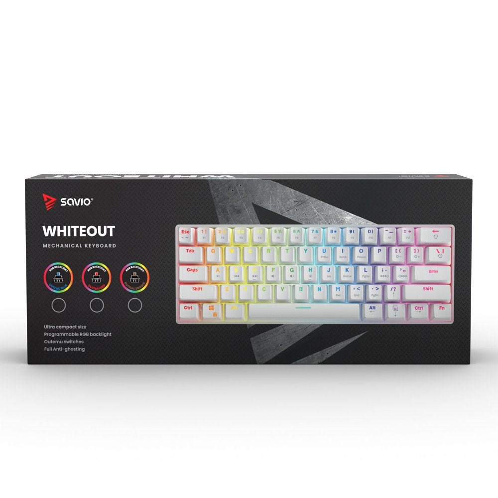 Tastierë mekanike Gaming Savio WHITEOUT, USB, Outemu Blue RGB, e bardhë