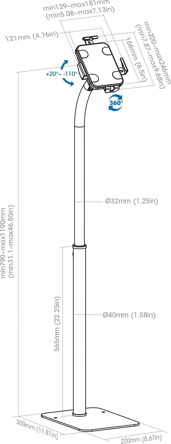 Qëndrim dyshemeje për tablet Techly, 9.7-10.1", me kornizë dhe kyçje, i bardhë