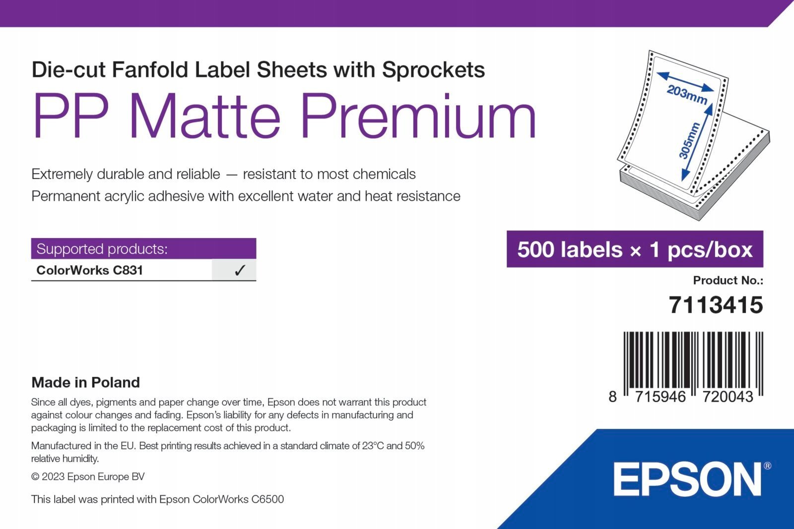 Etiketa vetëngjitëse Epson 7113415, për printim, material embossed, të bardha