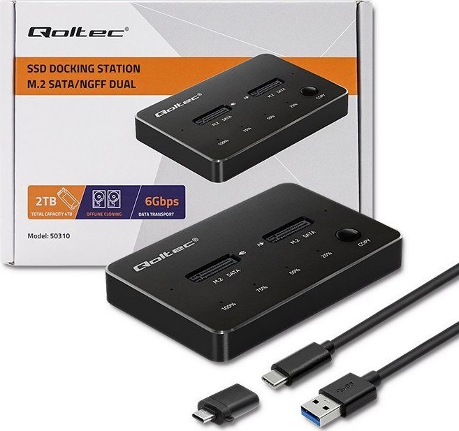Docking station për SSD QOLTEC 50310, 2x M.2 SATA, USB Type C, i zi