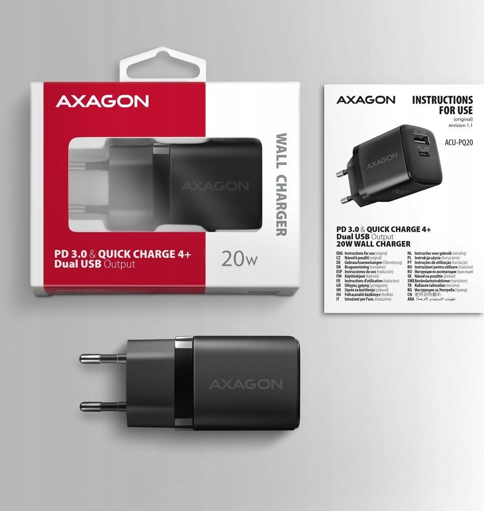 Karikues rrjeti Axagon ACU-PQ20, 20W, USB-A dhe USB-C, i zi