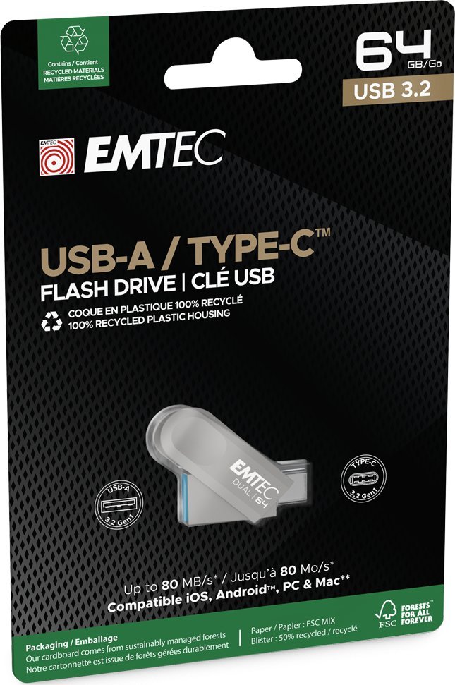 USB Emtec D280, 64GB, USB 3.2, Type C dhe USB A
