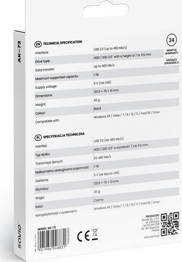 Kuti e jashtme SAVIO AK-73, 2.5" HDD SSD, USB 2.0, e zezë