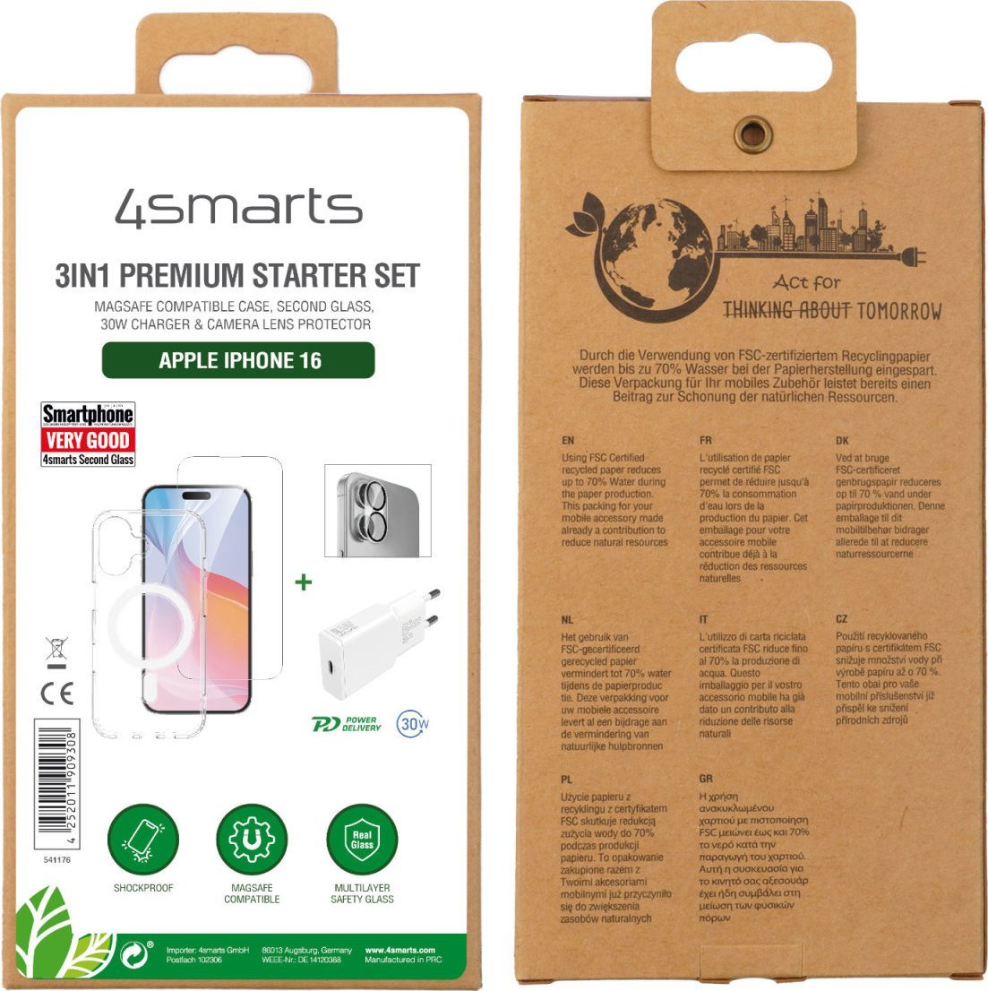 Set aksesorësh 4smarts 3in1 Premium Starter për Apple iPhone 16, me MagSafe, transparent