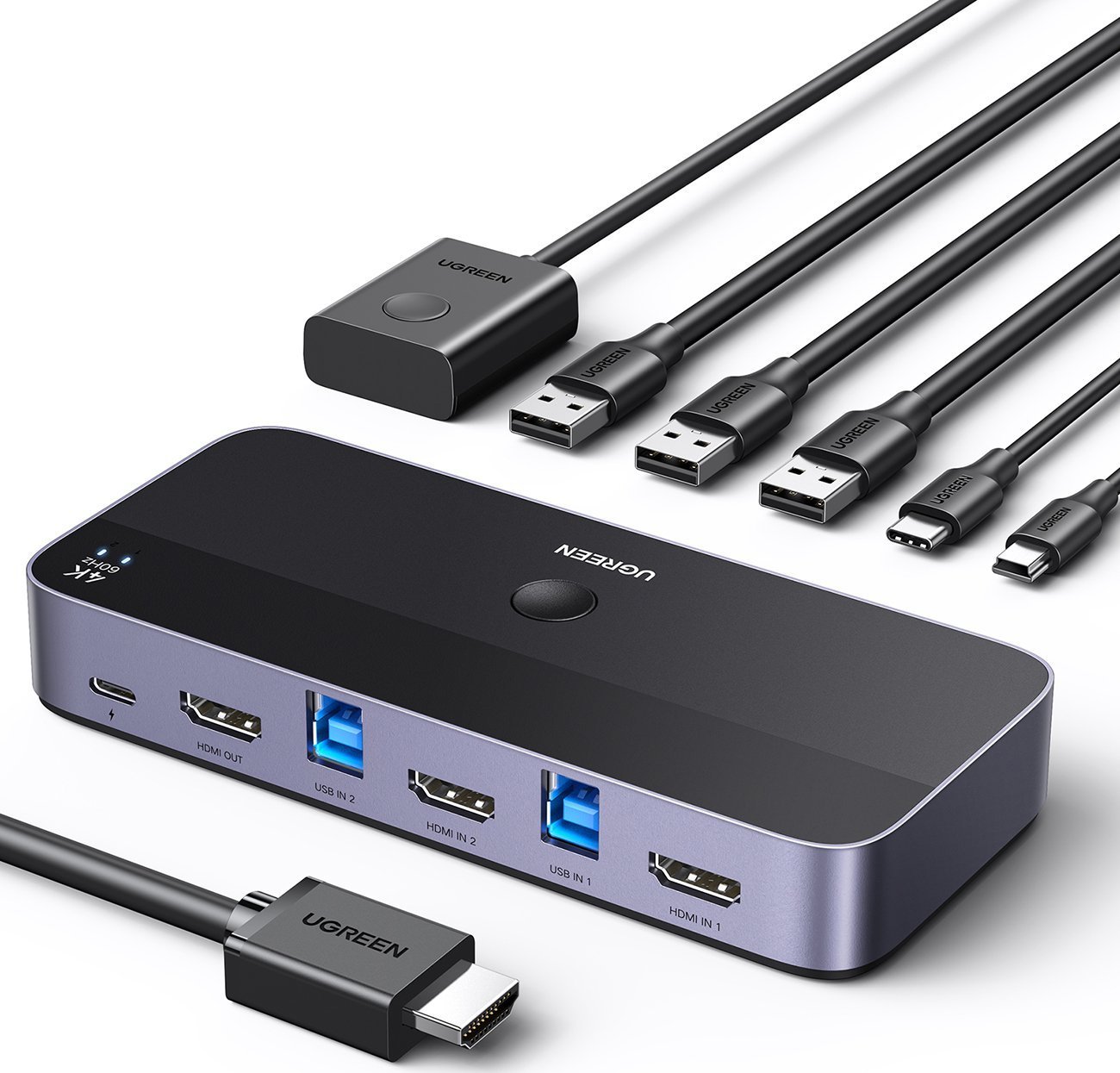 Прекинувач KVM Ugreen CM664, 2 PC на 1 монитор, 4 порти USB 3.0, 4K 60Hz