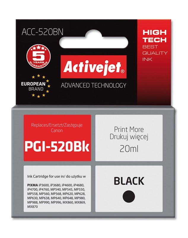 Ngjyrë për printer Activejet ACC-520BN (zëvendësim për Canon PGI-520Bk), 20 ml, e zezë Ngjyrë për printer Activejet ACC-520BN (zëvendësim për Canon PGI-520Bk), 20 ml, e zezë