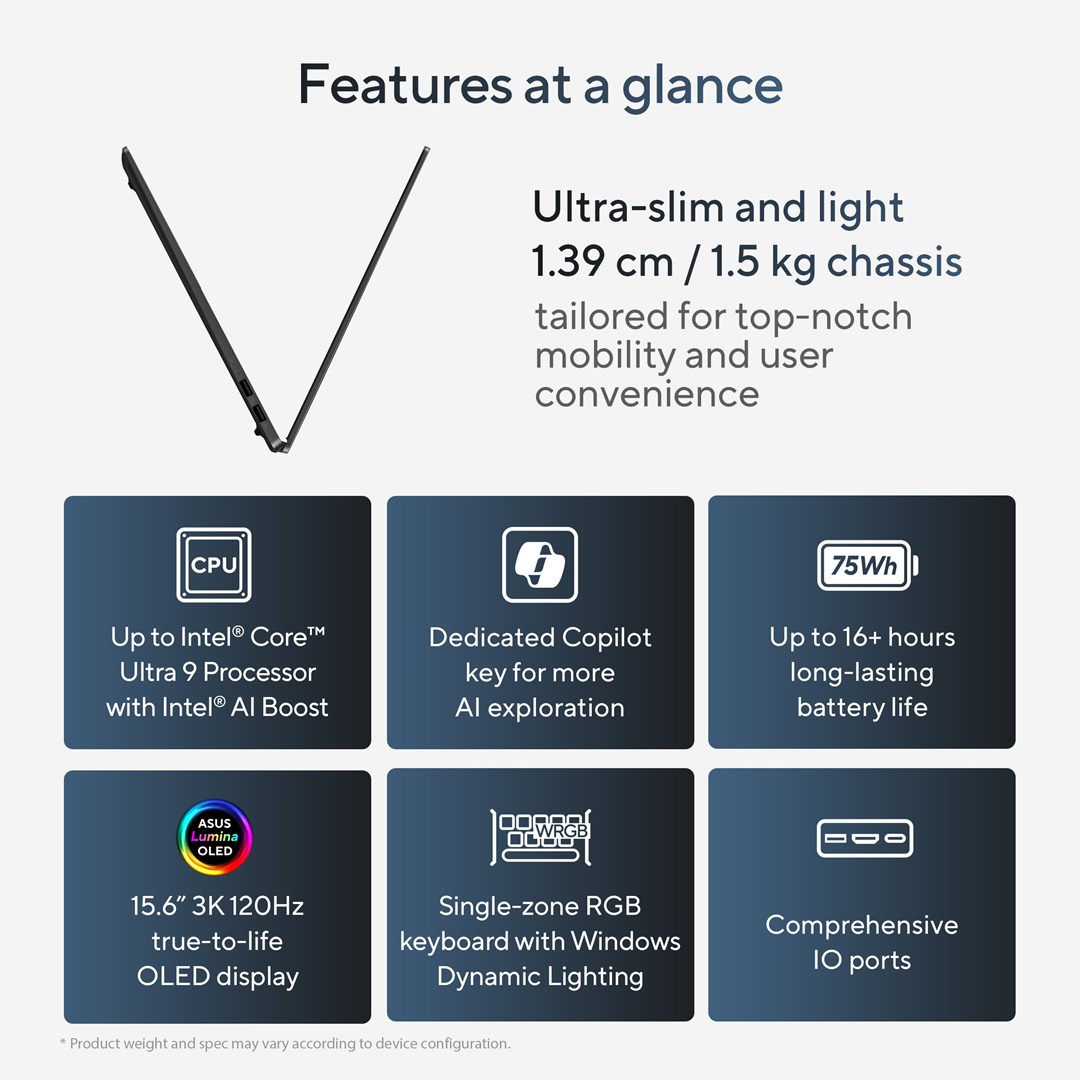Laptop ASUS Vivobook S, 15.6", Intel 185H, 32 GB RAM, 1 TB SSD, i zi