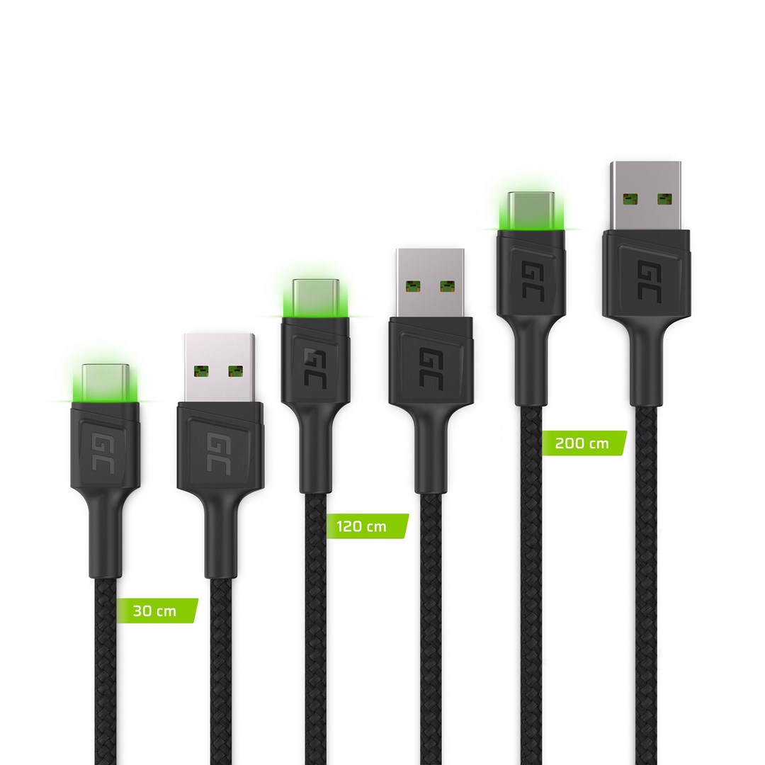 Set kabllosh Green Cell, USB-A në USB-C, 3 copë, 2m, i zi