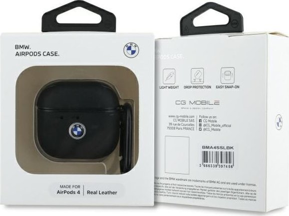 Футрола за слушалки BMW Genuine Leather за AirPods 4, природна кожа, со карабин, црна