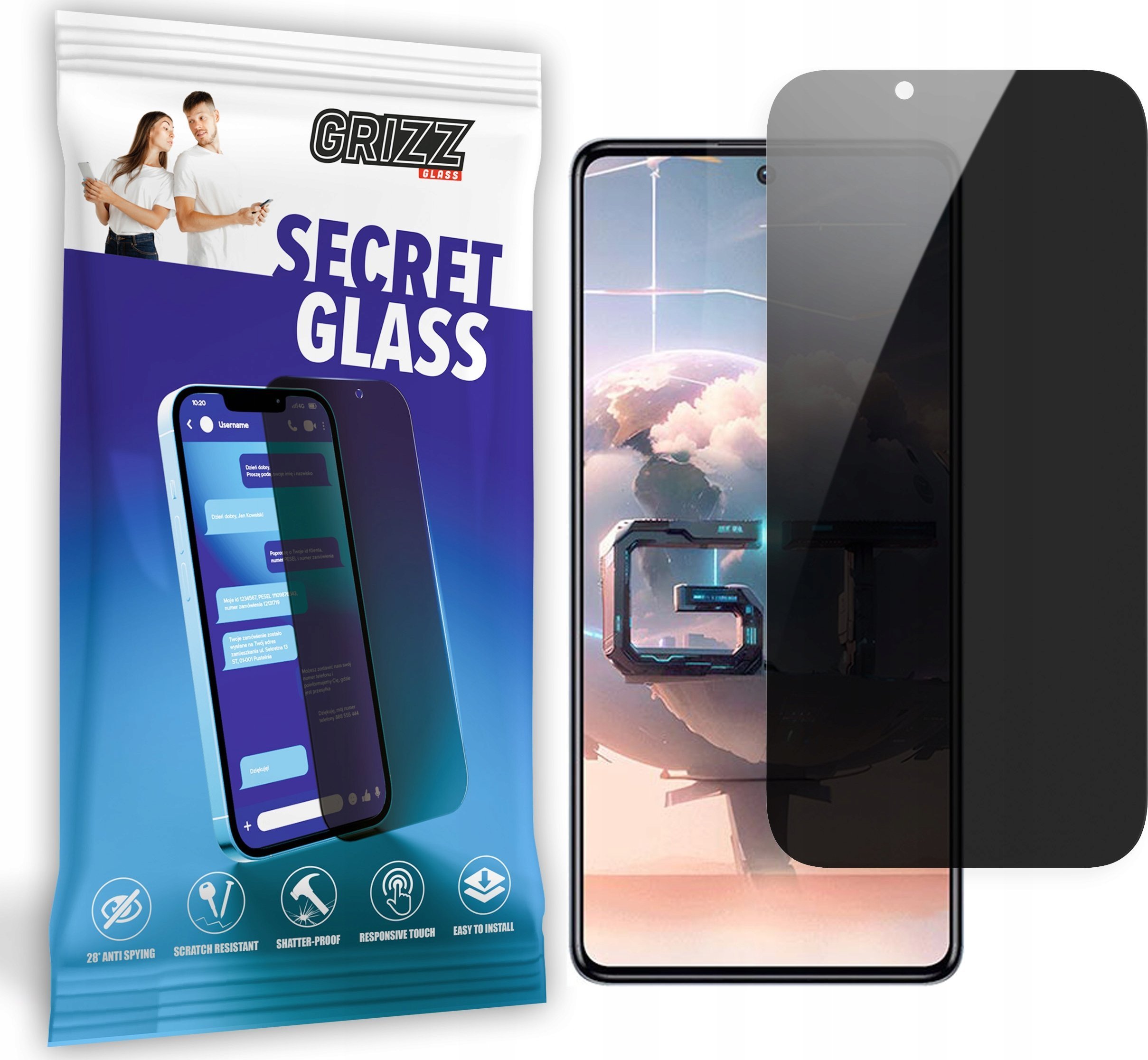 Заштитно стакло GrizzGlass SecretGlass за Infinix GT 10 Pro, за приватност, проѕирно калено стакло