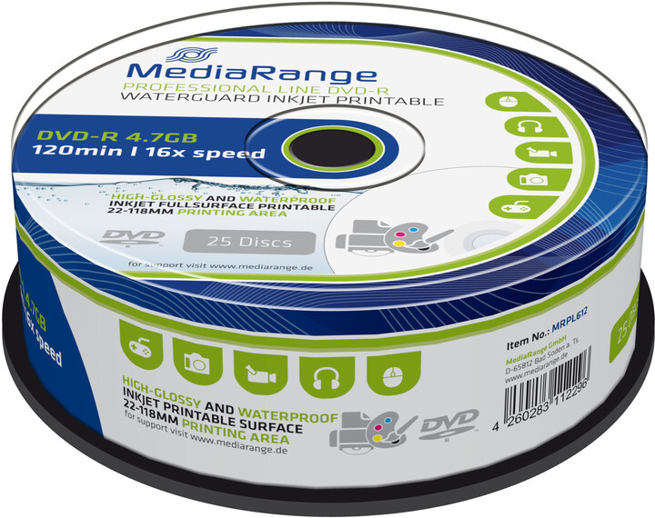 DVD-R медиум MediaRange 4,7GB 16x, за печатење, Waterguard Photo, 25 парчиња