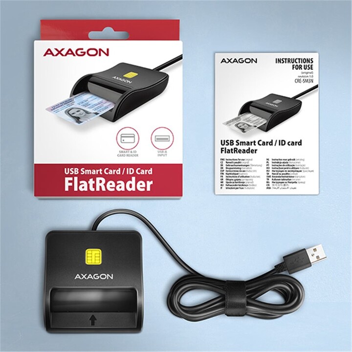 Lexues kartash me kontakt AXAGON CRE-SM3N, USB-A FlatReader Smart card (eCitizen), me kabllo 1.3m