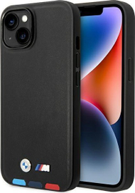 Maskë telefoni BMW Leather Stamp Tricolor MagSafe, për iPhone 14 6.1", lëkurë, e zezë