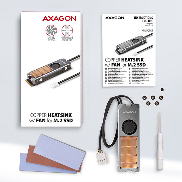 Ftohës bakri me ventilator AXAGON CLR-M2FAN për SSD të dyanshme M.2, lartësia 13 mm