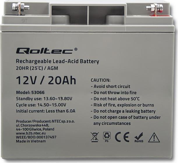 Bateri AGM Qoltec HQ 53066, 12V, 20Ah, e zezë