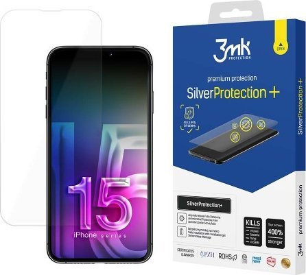 Заштитна фолија 3MK Silver Protect Plus за iPhone 15 Pro 6.1", антимикробна, монтажa со влага, транспарентна