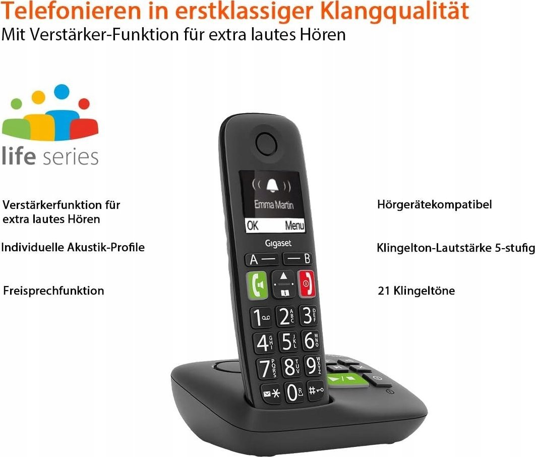 Telefon fiks me kabllo Gigaset E290A, sekretari digjitale, ekran i madh, i zi