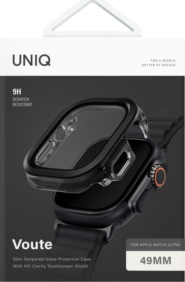 Mbrojtëse Uniq Voute për Apple Watch Ultra 49mm, xham i temperuar, kornizë plastike, e zezë