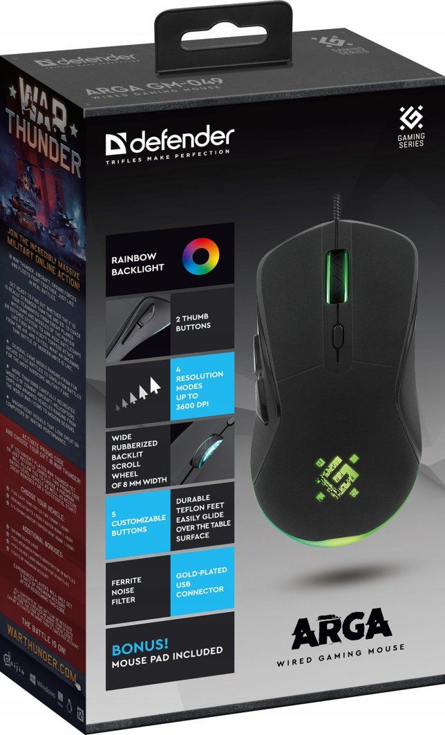 Maus gaming Defender GM-049 Arga, 3600 DPI, 6 butona, me drita LED