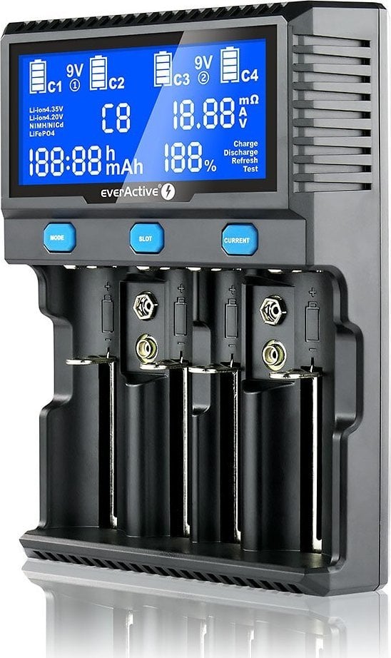 Karikues universal EverActive UC4200, 4 slote, për bateri Ni MH dhe Li ion, i zi