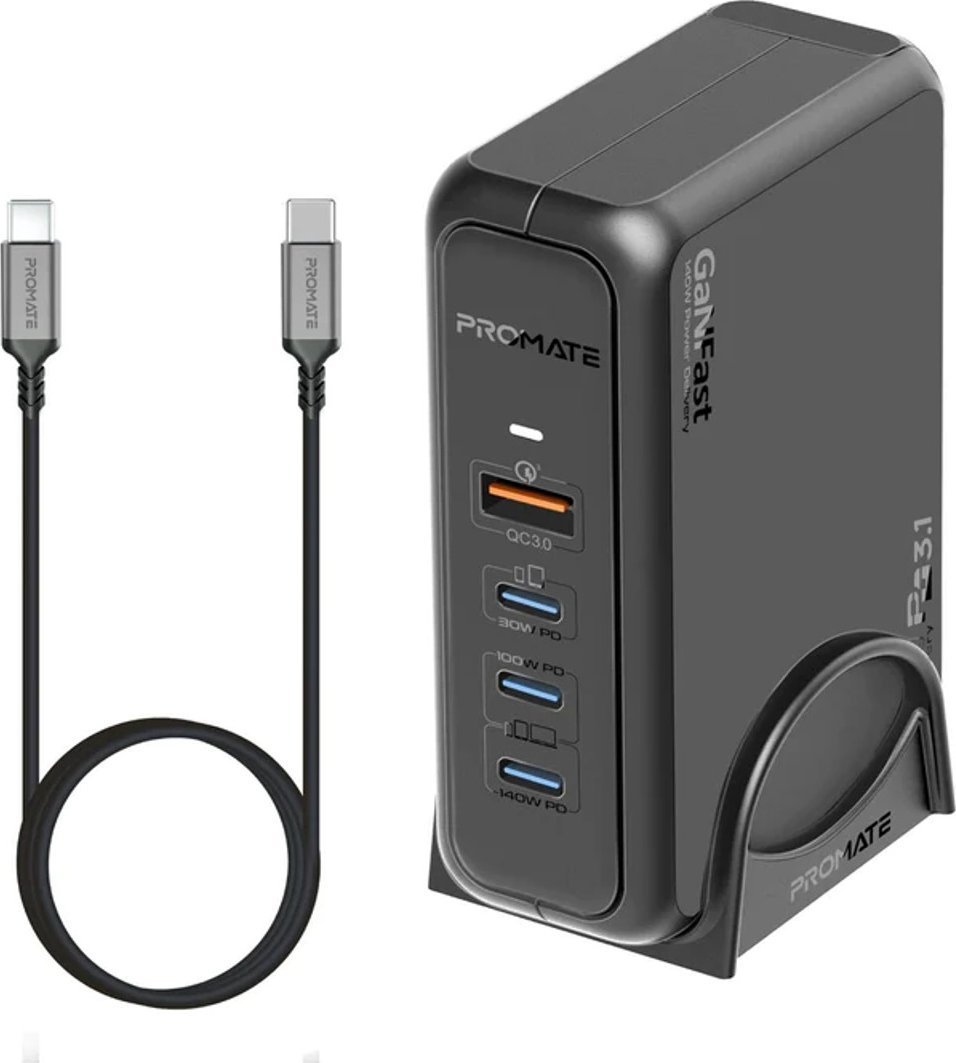 Ѕиден полнач ProMate GaNPort 140W, 3x USB C, Quick Charge 3.0, црн