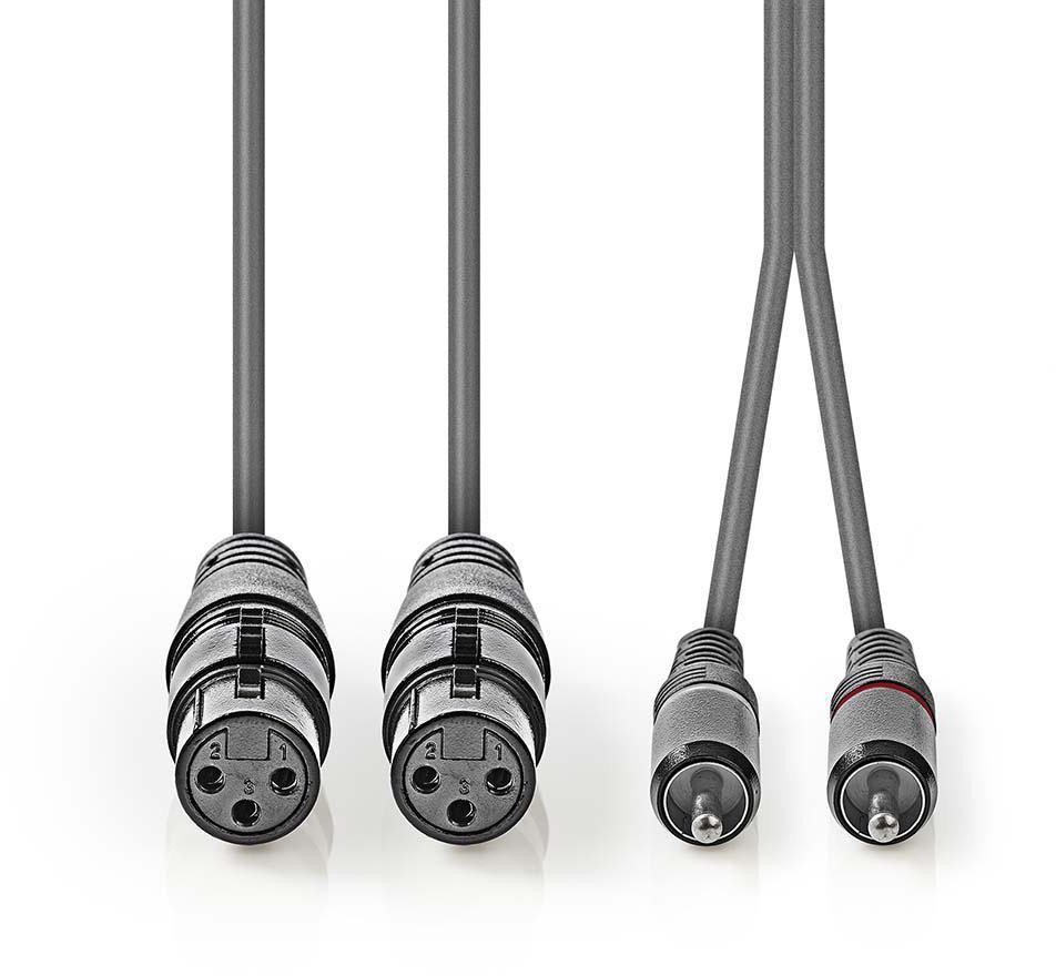 Аудио кабел Nedis OnStage, 2x XLR 3-пин женски во 2x RCA машки, 1.5 m, сив