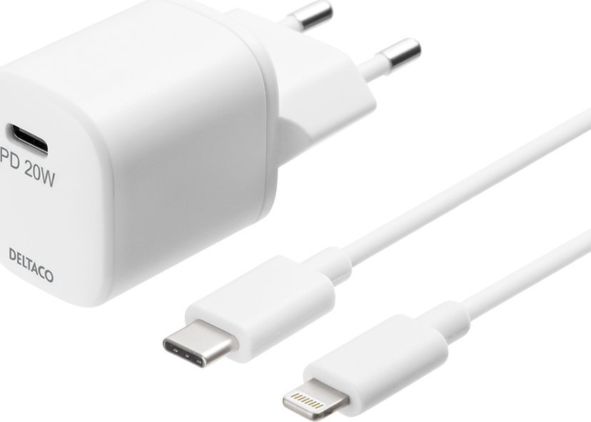 Karikues muri DELTACO USB, USB C PD 20W, 3A, i bardhë