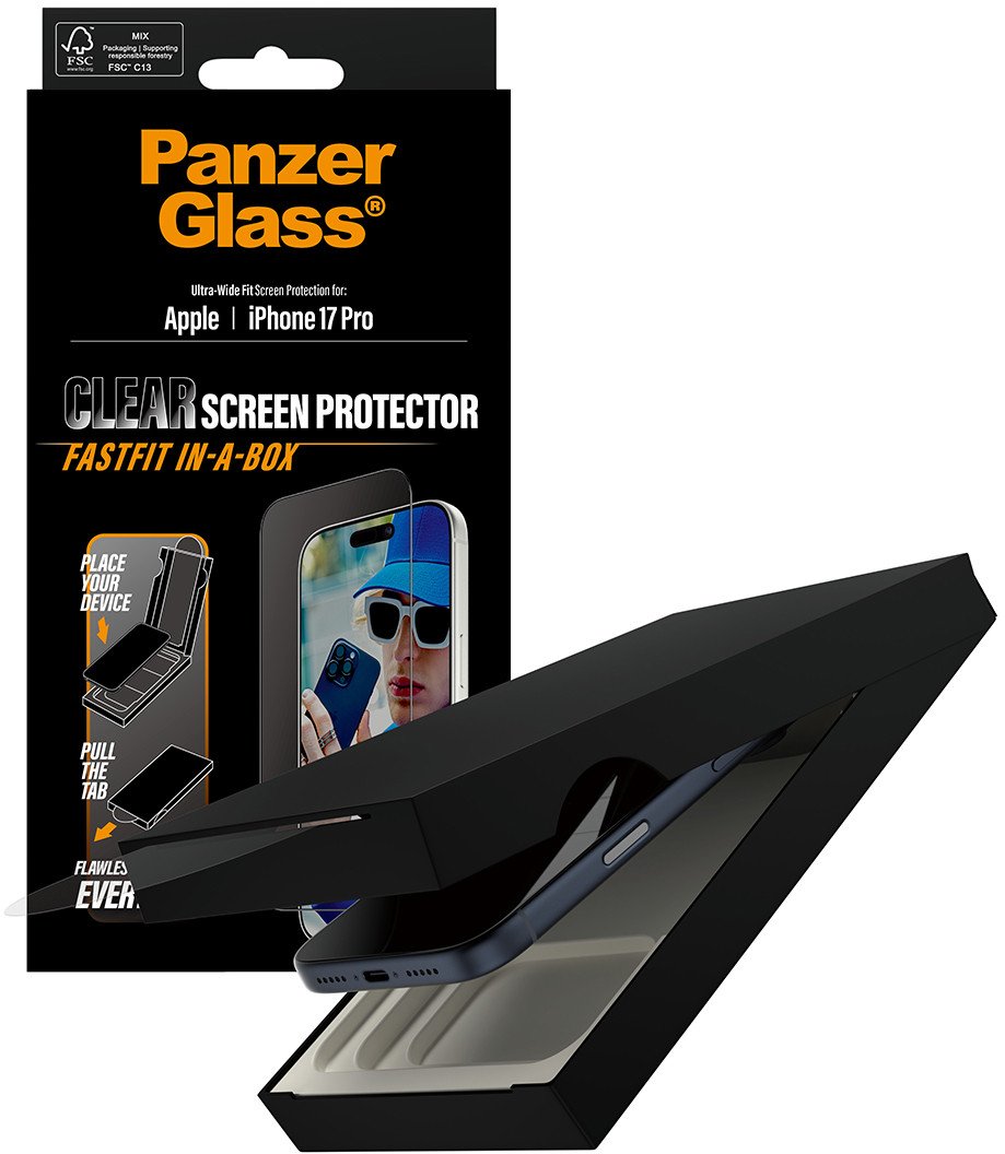 Заштита за екран PanzerGlass за iPhone 17 Pro, Ultra-Wide Fit, FASTFIT in-a-BOX, проѕирна