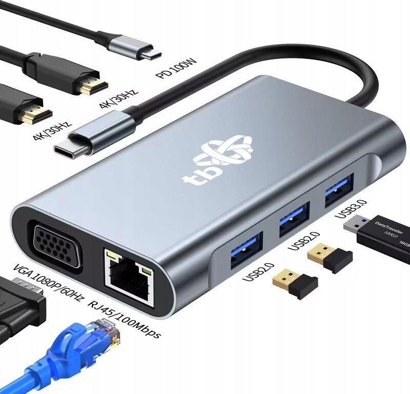 Adaptuer USB C TB Touch AKTBXVA8W1UHVRJ, 8 në 1, HDMI VGA RJ45 USB, gri
