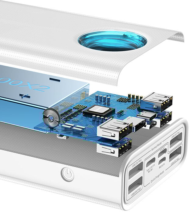 Powerbank me ekran dixhital Baseus Ambilight Overseas Edition, 30000mAh, QC, i zi + kabllo USB-C 65W, 1m, i bardhë