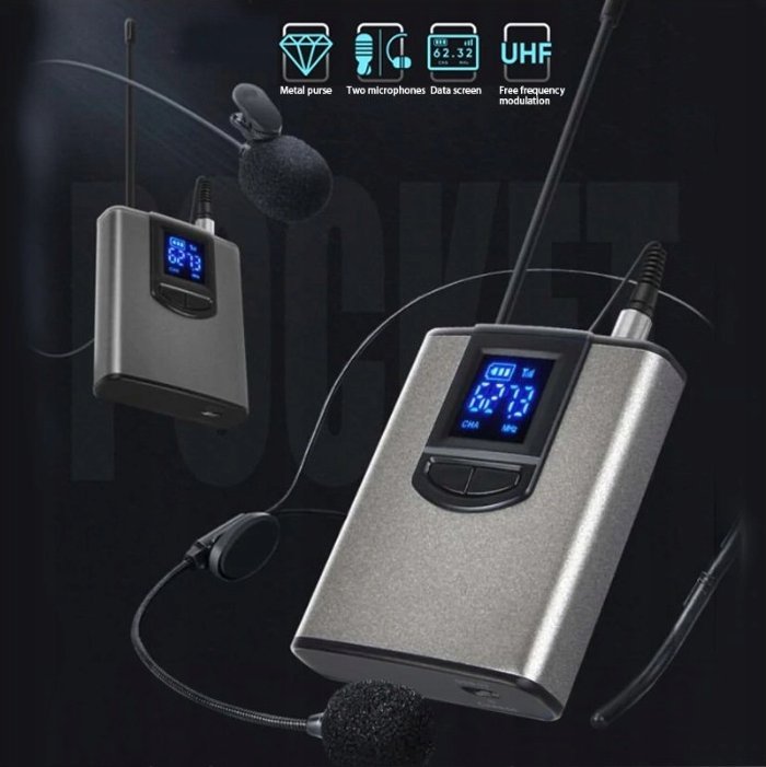 Mikrofon wireless UHF K8, sistem dore, marrës portativ 6.35mm, rreze 50m, i zi