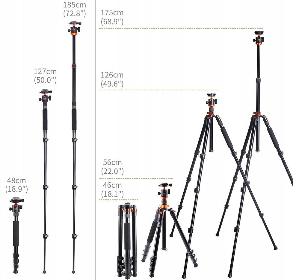 Trekëmbësh K&F Concept, 3 në 1, 175/185 cm