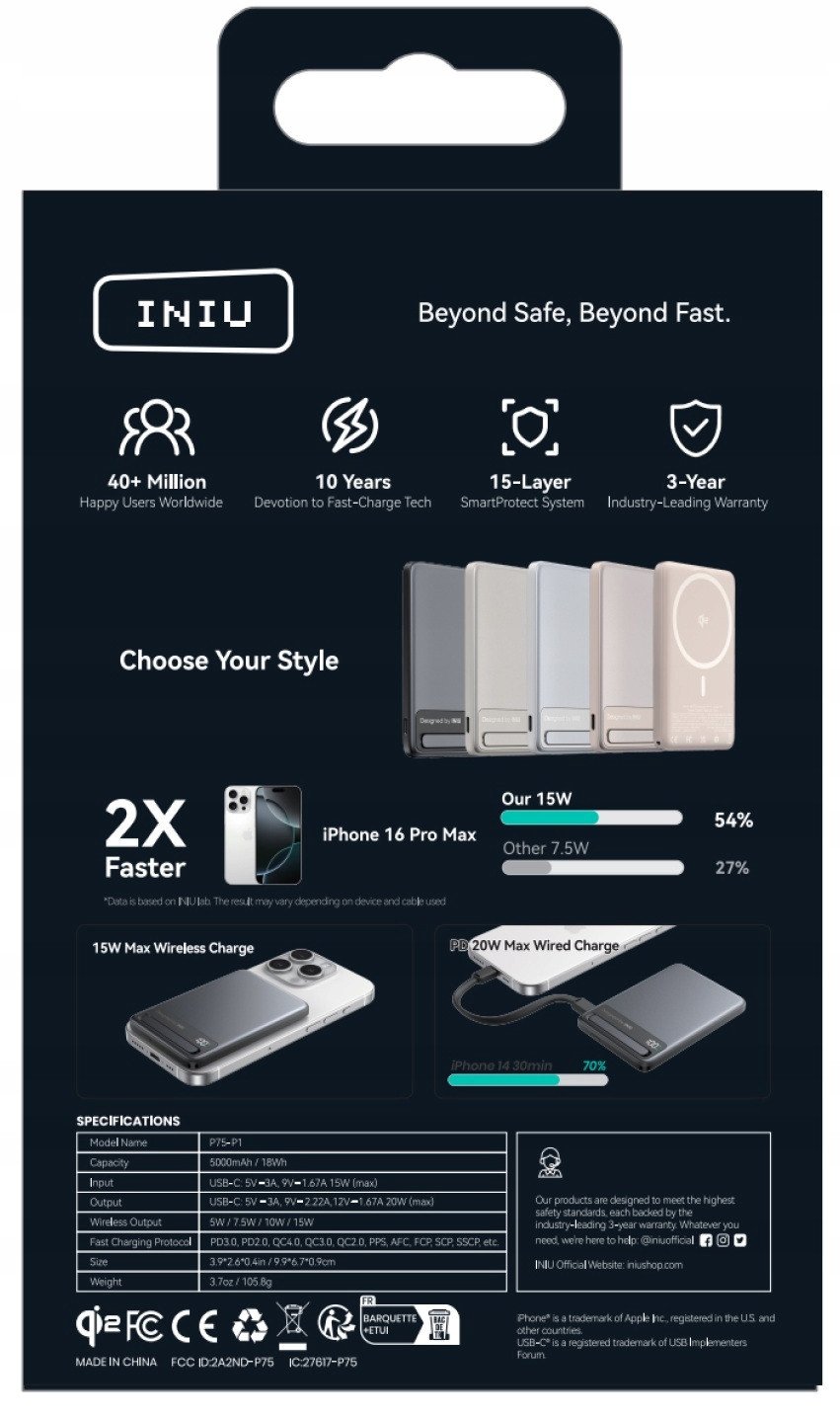 Power bank Iniu MagPro Ultra Slim, 5000mAh, 20W USB C PD со Qi2 и MagSafe, црна