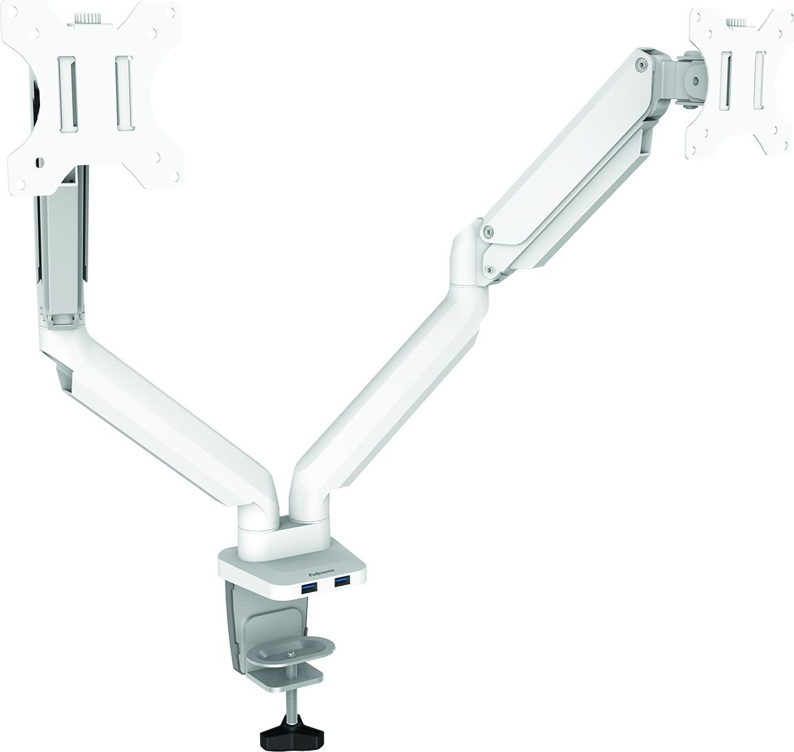 Krah monitori i dyfishtë Fellowes 8056301, për monitorë 27", rrotullim 360°, i bardhë