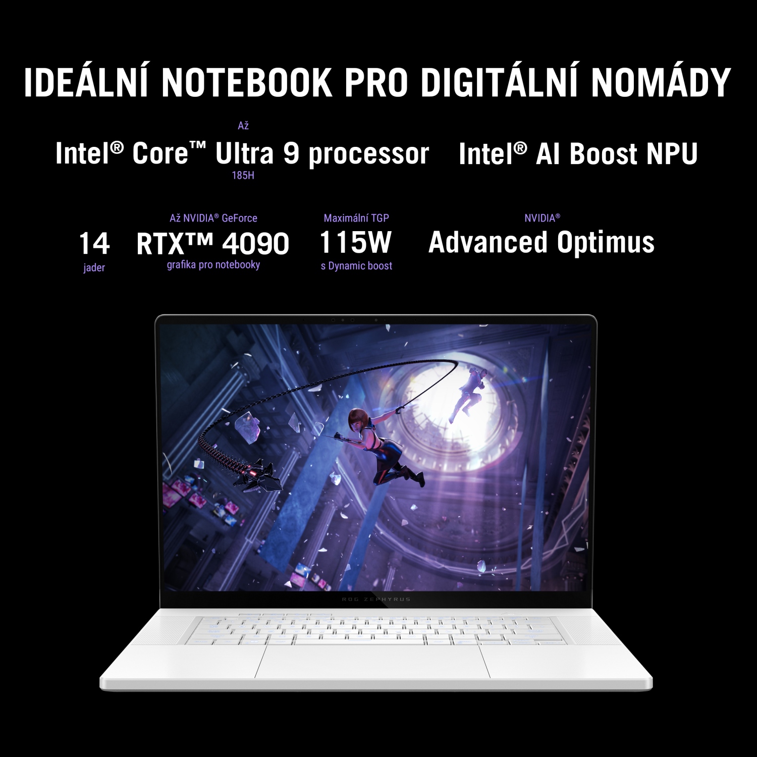 Laptop ASUS ROG Zephyrus G16 GU605MZ, 16", WQXGA, Intel U9-185H, NVIDIA GeForce RTX 4070, 32GB RAM, 1TB SSD, i bardhë