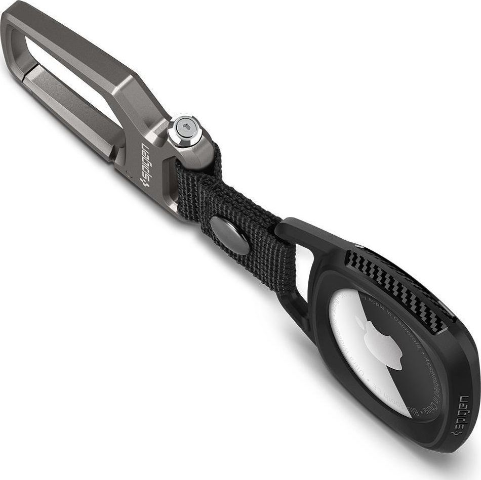 Mbajtëse Spigen Rugged Armor për Apple AirTag, silikon TPU, me karabinë, e zezë mat