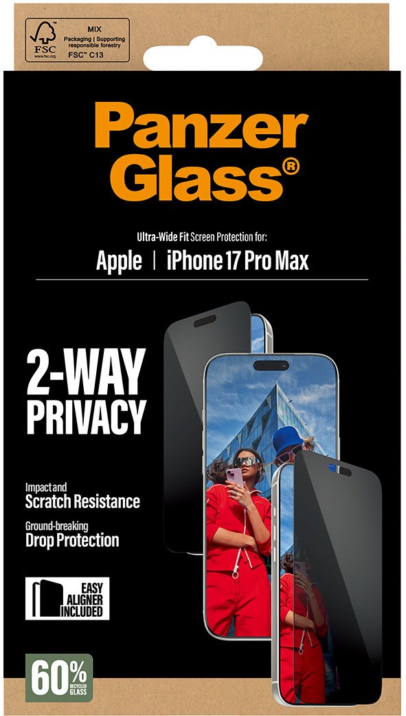 Заштита за екран PanzerGlass 2 Way Privacy за iPhone 17 Pro Max, Ultra Wide Fit, со EasyAligner, проѕирна